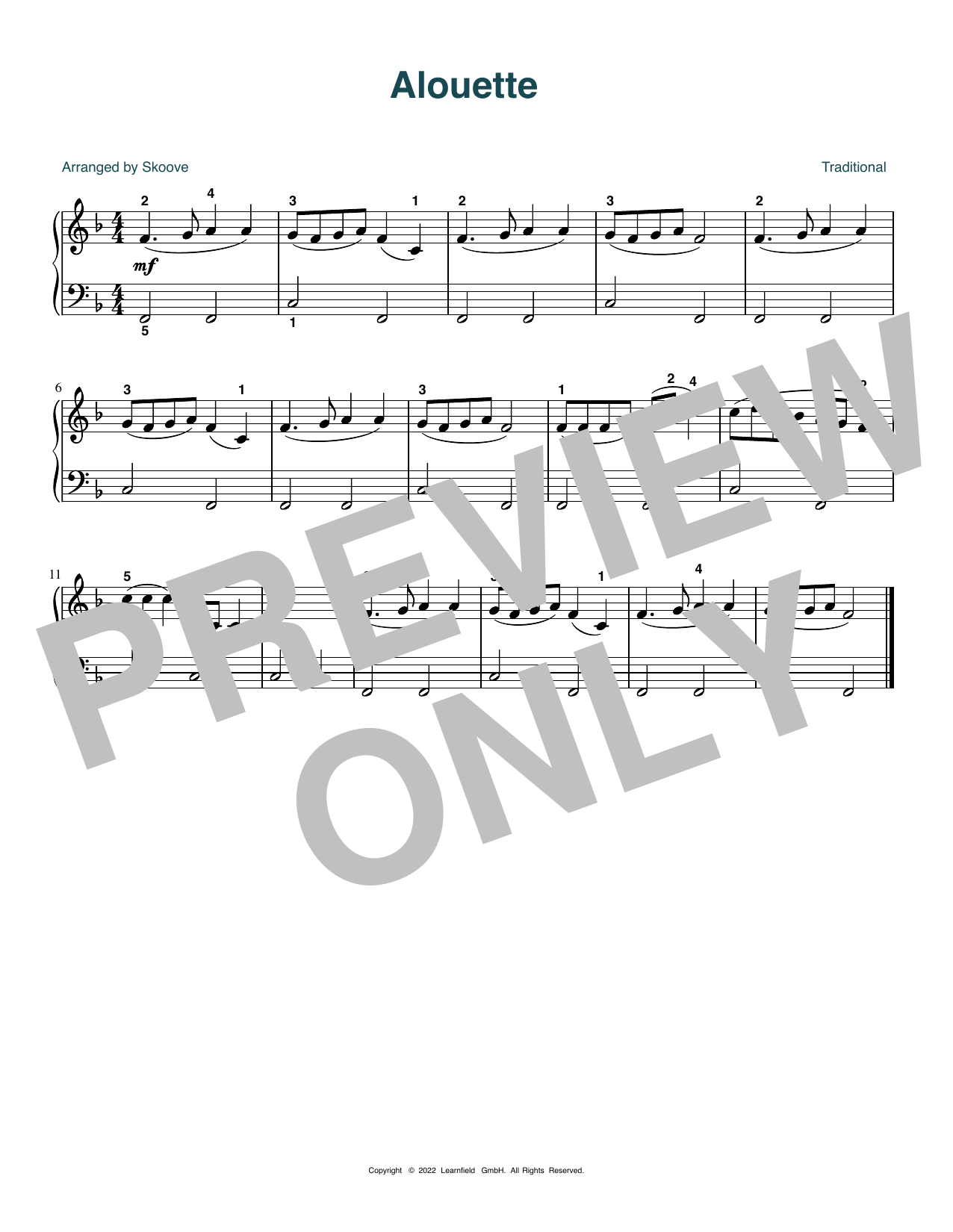 Traditional Alouette (arr. Skoove) Sheet Music Notes & Chords for Easy Piano - Download or Print PDF
