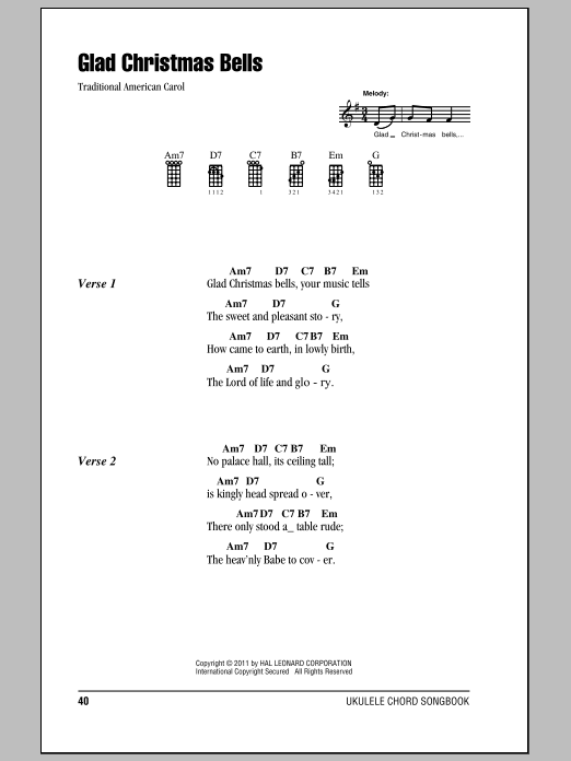 Traditional American Carol Glad Christmas Bells Sheet Music Notes & Chords for Ukulele with strumming patterns - Download or Print PDF