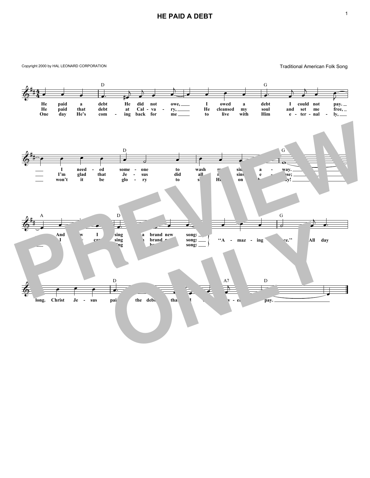 Traditional American Folk Song He Paid A Debt Sheet Music Notes & Chords for Lead Sheet / Fake Book - Download or Print PDF