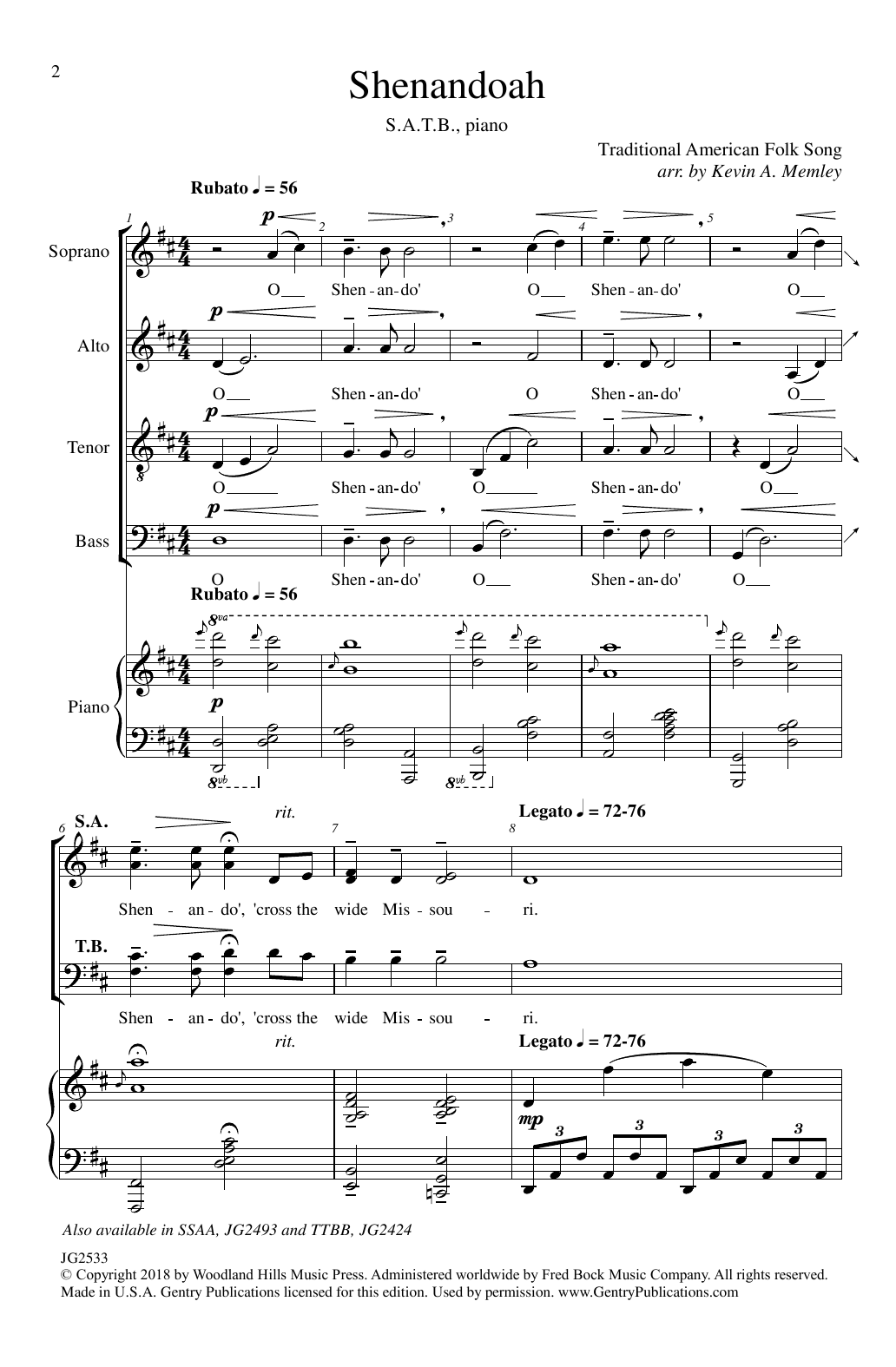 Traditional American Folk Song Shenandoah (arr. Kevin A. Memley) Sheet Music Notes & Chords for SATB Choir - Download or Print PDF