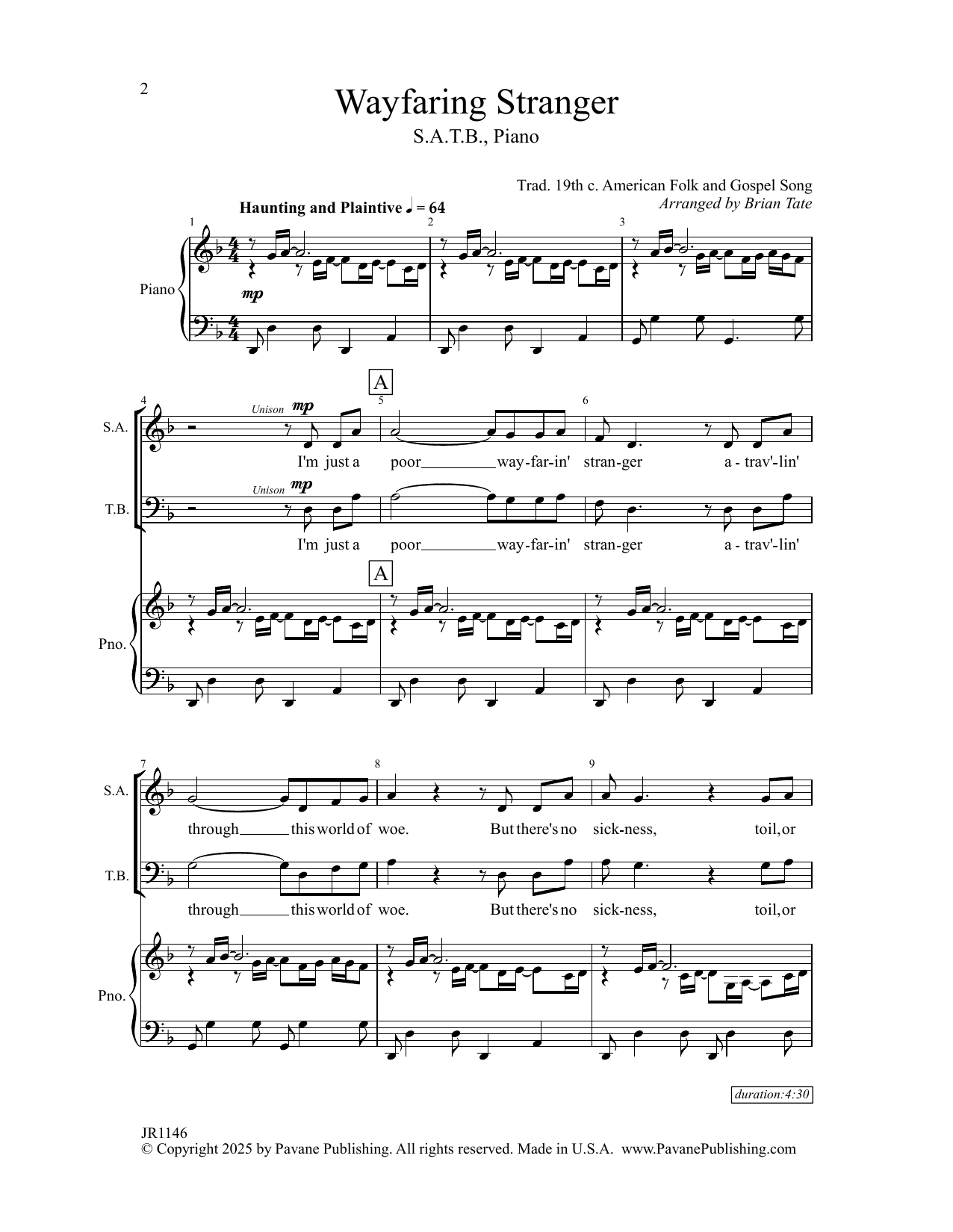 Traditional American Folk Song Wayfaring Stranger (arr. Brian Tate) Sheet Music Notes & Chords for SATB Choir - Download or Print PDF