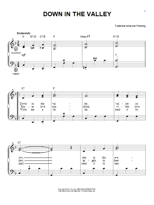Gary Meisner Down In The Valley Sheet Music Notes & Chords for Accordion - Download or Print PDF