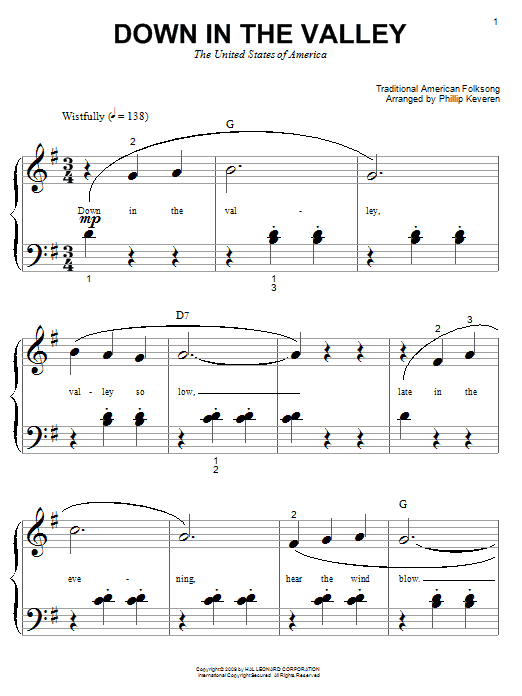 Traditional American Folksong Down In The Valley Sheet Music Notes & Chords for Piano (Big Notes) - Download or Print PDF