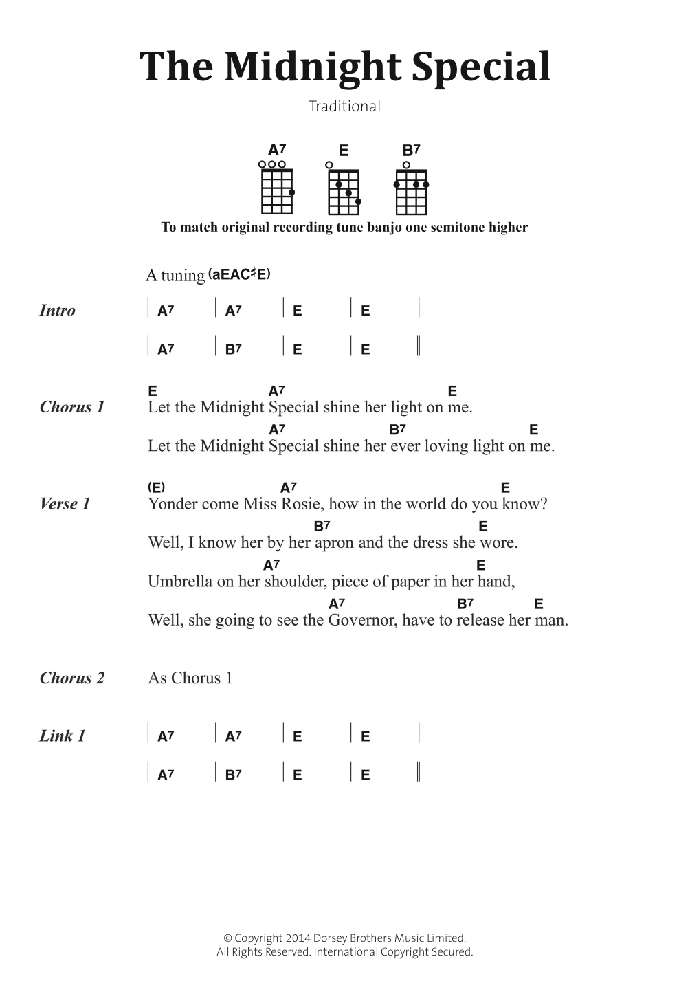 Traditional American Folksong The Midnight Special Sheet Music Notes & Chords for Banjo Lyrics & Chords - Download or Print PDF