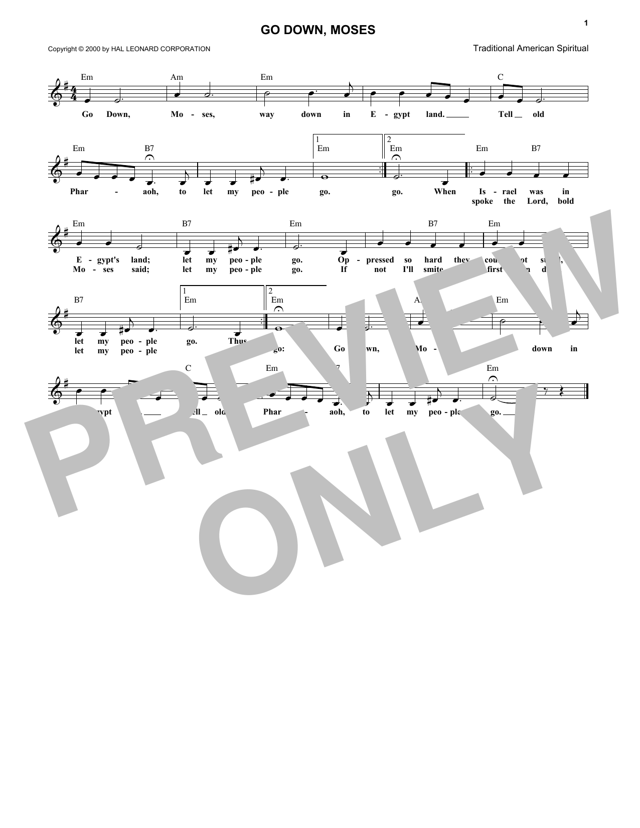 African-American Spiritual Go Down Moses Sheet Music Notes & Chords for Melody Line, Lyrics & Chords - Download or Print PDF