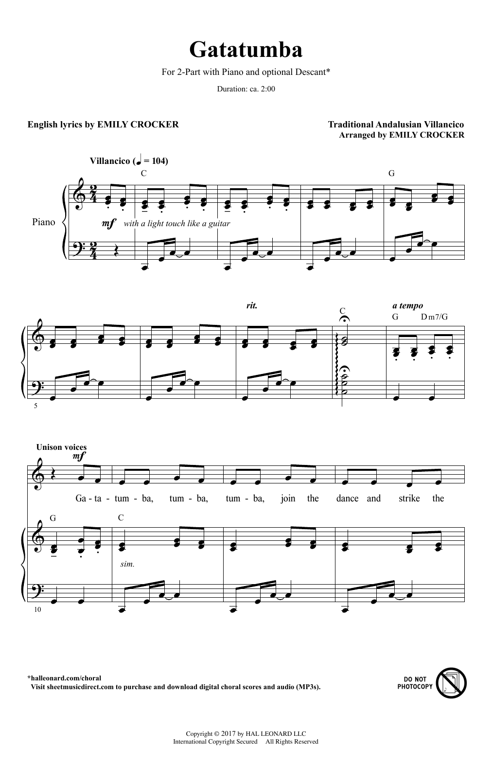 Traditional Andalusian Villancico Gatatumba (arr. Emily Crocker) Sheet Music Notes & Chords for 2-Part Choir - Download or Print PDF