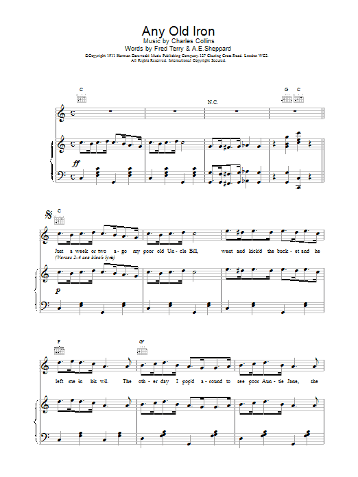 Traditional Any Old Iron Sheet Music Notes & Chords for Piano, Vocal & Guitar (Right-Hand Melody) - Download or Print PDF