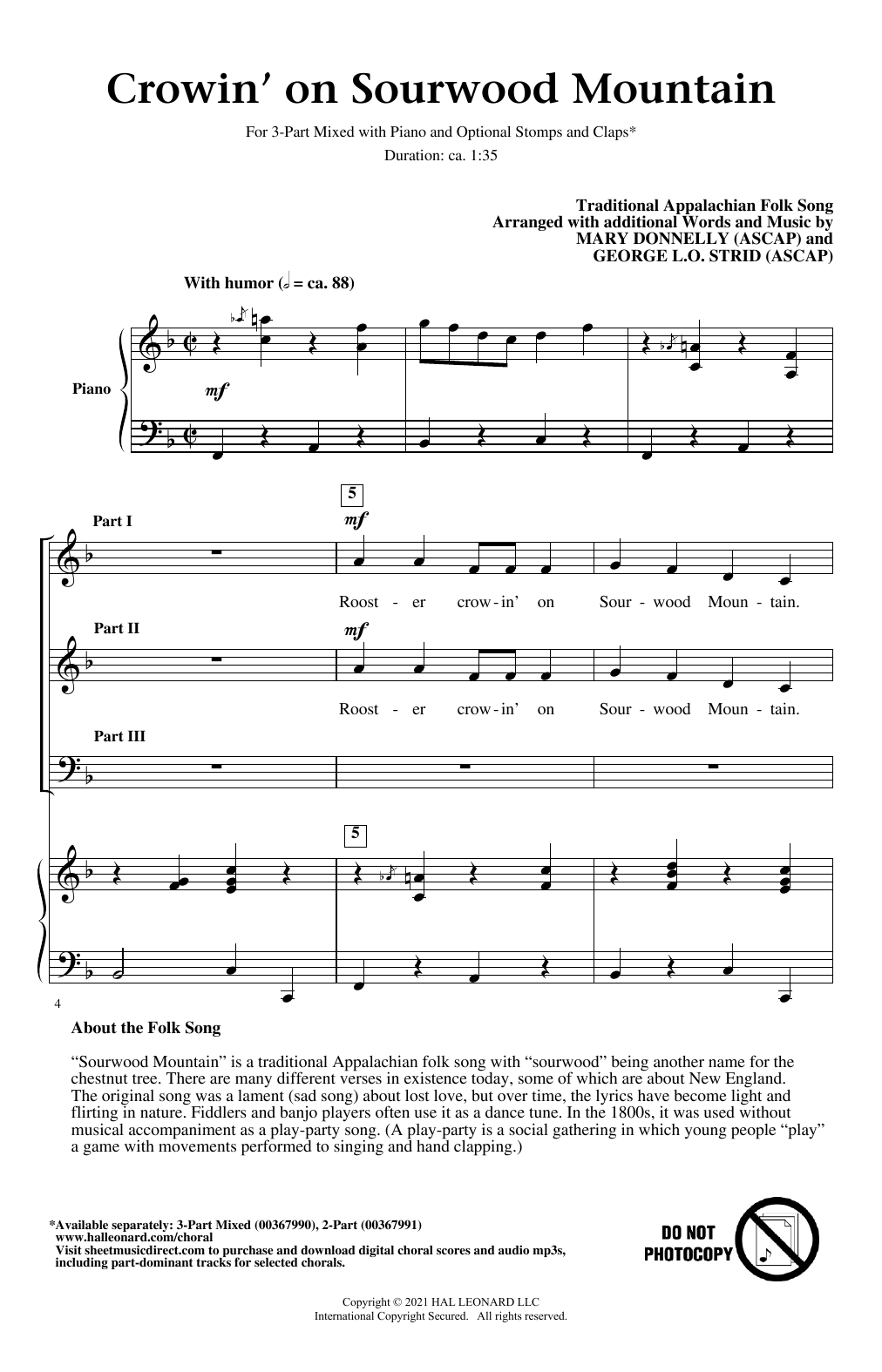 Traditional Appalachian Folk Song Crowin' On Sourwood Mountain (arr. Mary Donnelly and George L.O. Strid) Sheet Music Notes & Chords for 3-Part Mixed Choir - Download or Print PDF