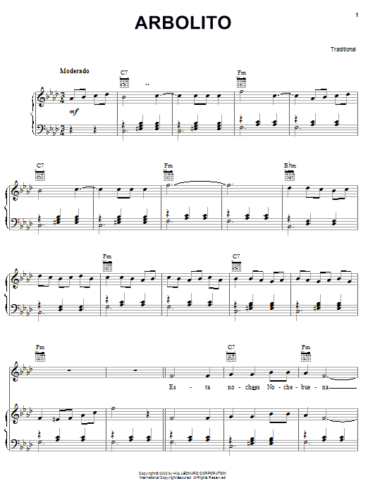 Traditional Arbolito Sheet Music Notes & Chords for Piano, Vocal & Guitar (Right-Hand Melody) - Download or Print PDF