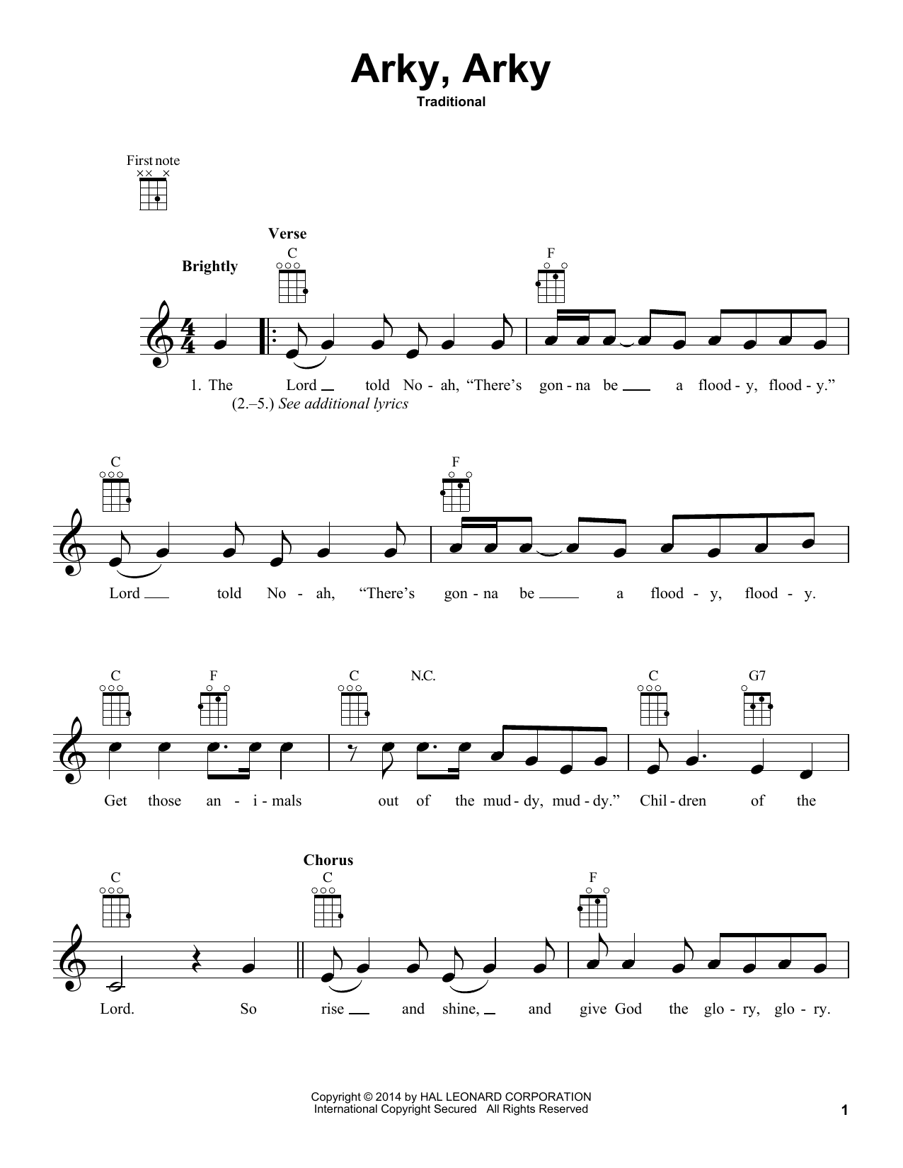 Traditional Arky, Arky Sheet Music Notes & Chords for Piano, Vocal & Guitar Chords (Right-Hand Melody) - Download or Print PDF