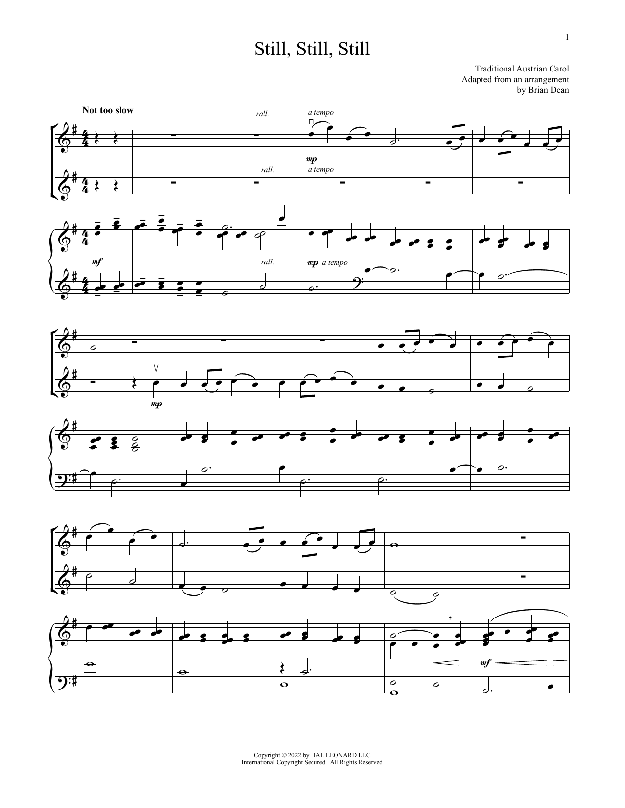 Traditional Austrian Text Still, Still, Still (for Violin Duet and Piano) Sheet Music Notes & Chords for Violin and Piano - Download or Print PDF