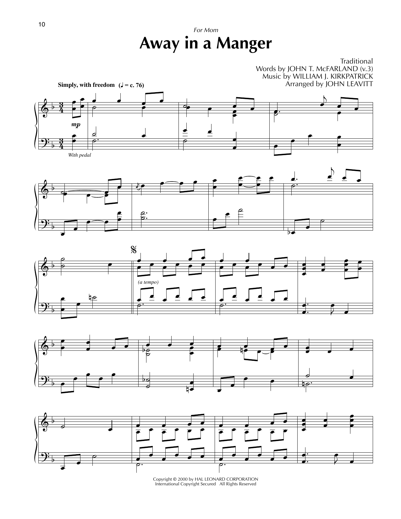 Traditional Away In A Manger (arr. John Leavitt) Sheet Music Notes & Chords for Piano Solo - Download or Print PDF