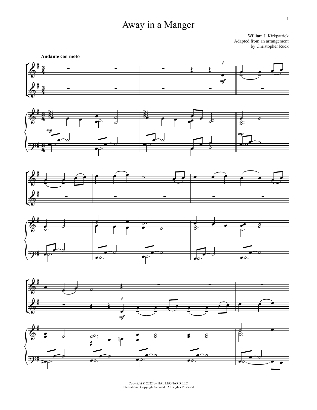 Traditional Away In A Manger (for Violin Duet and Piano) Sheet Music Notes & Chords for Violin and Piano - Download or Print PDF