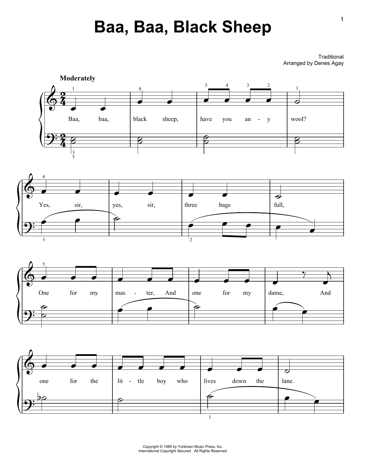 Traditional Baa Baa Black Sheep (arr. Denes Agay) Sheet Music Notes & Chords for Easy Piano - Download or Print PDF