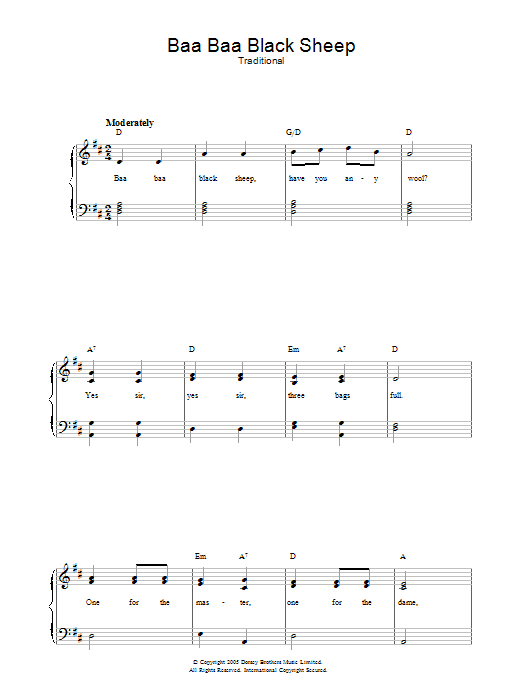 Traditional Baa Baa Black Sheep Sheet Music Notes & Chords for Melody Line, Lyrics & Chords - Download or Print PDF