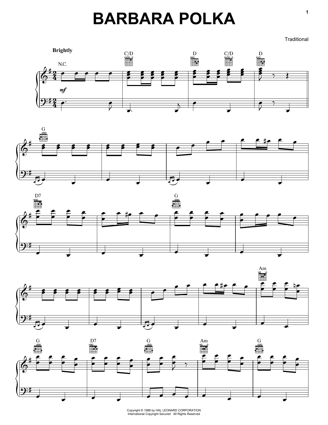 Traditional Barbara Polka Sheet Music Notes & Chords for Piano, Vocal & Guitar (Right-Hand Melody) - Download or Print PDF