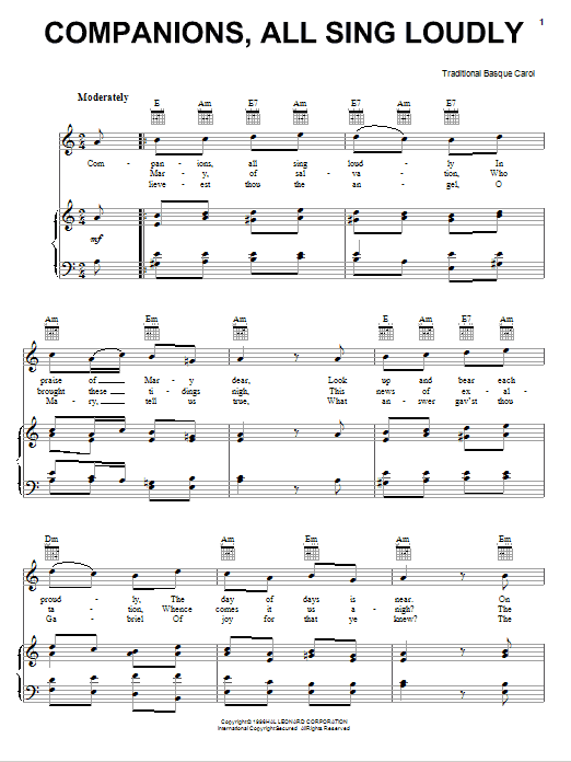 Traditional Basque Carol Companions, All Sing Loudly Sheet Music Notes & Chords for Piano, Vocal & Guitar (Right-Hand Melody) - Download or Print PDF