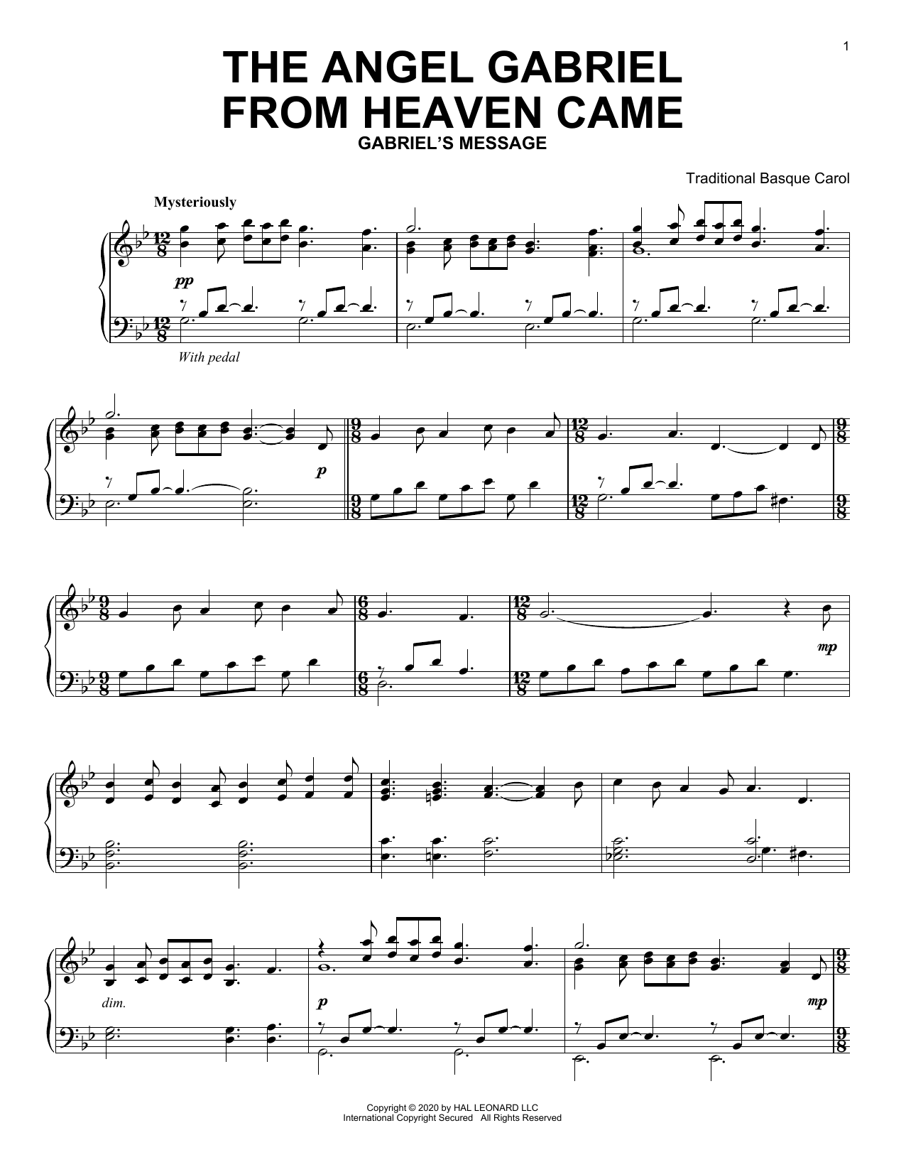 Traditional Basque Carol The Angel Gabriel From Heaven Came Sheet Music Notes & Chords for Piano Solo - Download or Print PDF