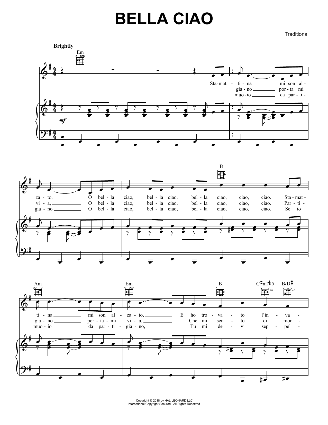 Traditional Bella Ciao Sheet Music Notes & Chords for Piano, Vocal & Guitar (Right-Hand Melody) - Download or Print PDF