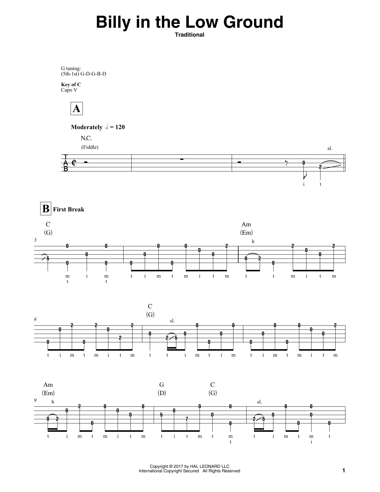 Traditional Billy In The Low Ground Sheet Music Notes & Chords for Banjo - Download or Print PDF