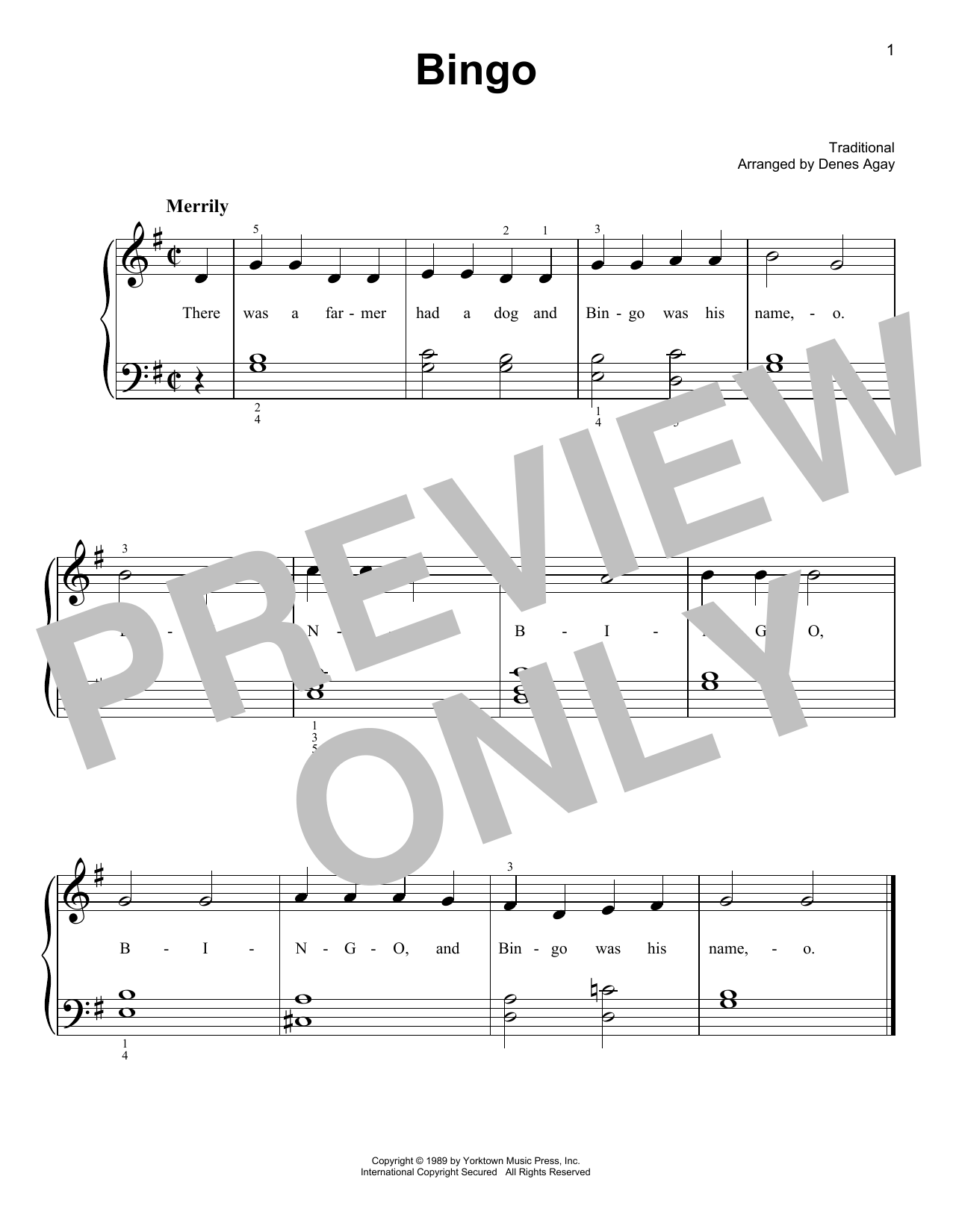 Traditional Bingo (arr. Denes Agay) Sheet Music Notes & Chords for Easy Piano - Download or Print PDF