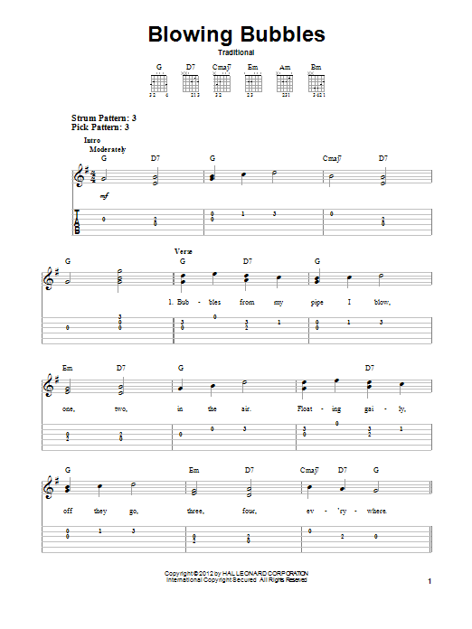 Traditional Blowing Bubbles Sheet Music Notes & Chords for Easy Guitar Tab - Download or Print PDF