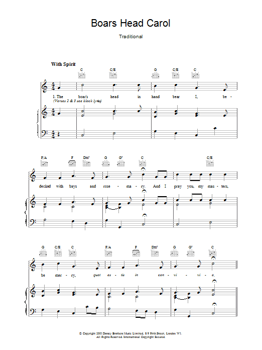 Traditional Boars Head Carol sheet music notes and chords. Download Printable PDF.