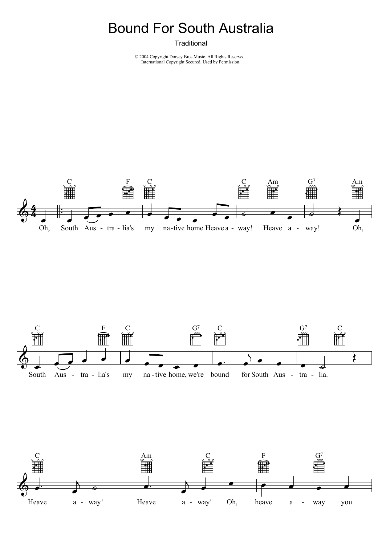 Traditional Bound For South Australia Sheet Music Notes & Chords for Melody Line, Lyrics & Chords - Download or Print PDF