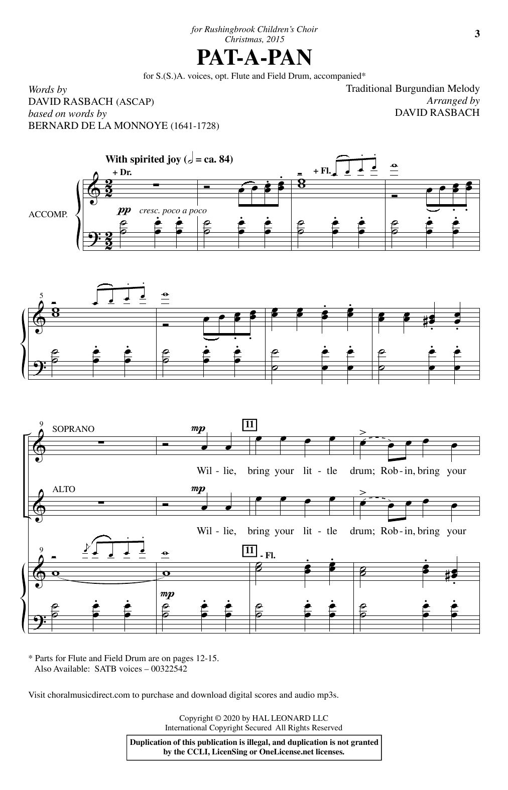 Traditional Burgundian Melody Pat-A-Pan (arr. David Rasbach) Sheet Music Notes & Chords for SSA Choir - Download or Print PDF