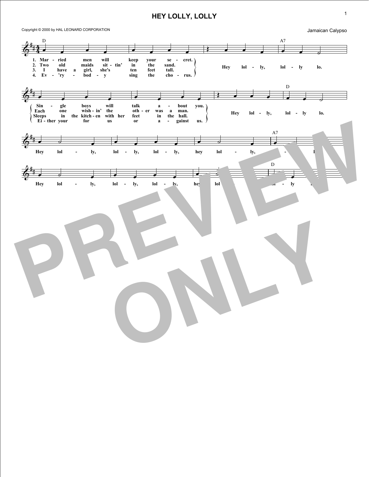 Traditional Calypso Song Hey Lolly, Lolly Sheet Music Notes & Chords for Melody Line, Lyrics & Chords - Download or Print PDF