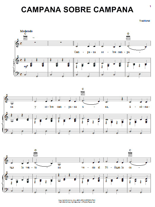 Traditional Campana Sobre Campana Sheet Music Notes & Chords for Piano, Vocal & Guitar (Right-Hand Melody) - Download or Print PDF
