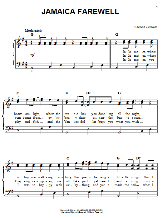 Traditional Caribbean Jamaica Farewell Sheet Music Notes & Chords for Piano, Vocal & Guitar (Right-Hand Melody) - Download or Print PDF