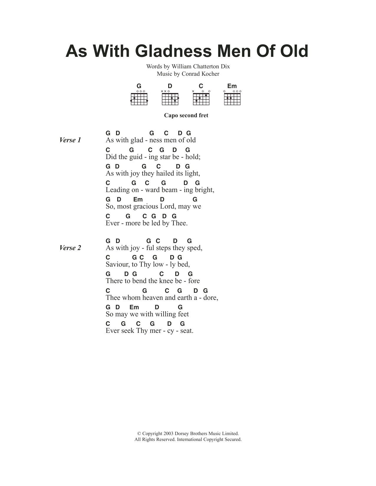 Christmas Carol As With Gladness Men Of Old Sheet Music Notes & Chords for Lyrics & Chords - Download or Print PDF