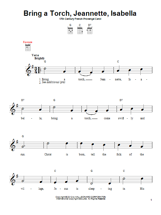 Traditional Carol Bring A Torch, Jeannette, Isabella Sheet Music Notes & Chords for Ukulele - Download or Print PDF