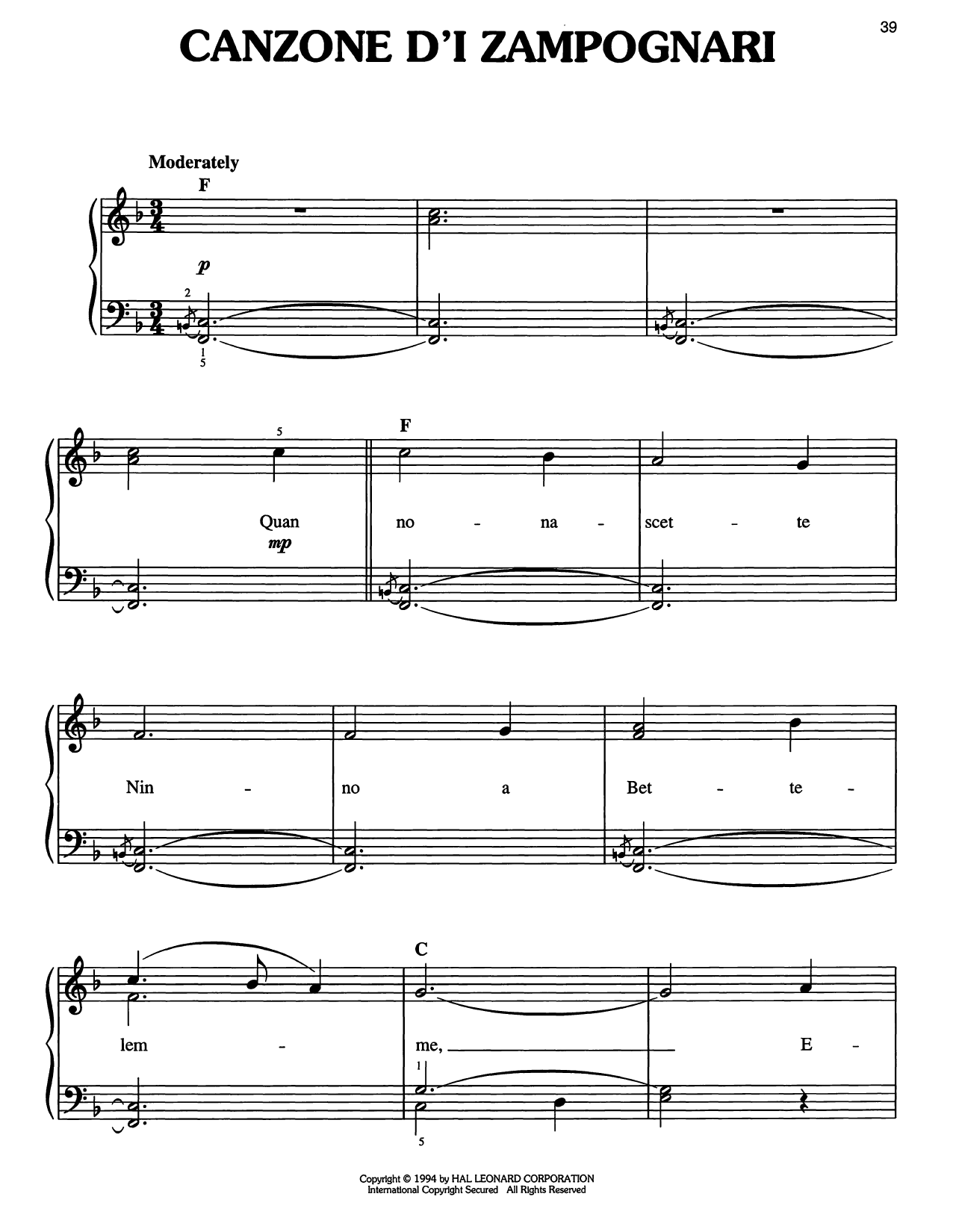 Traditional Carol Canzone d'i Zampognari Sheet Music Notes & Chords for Easy Piano - Download or Print PDF