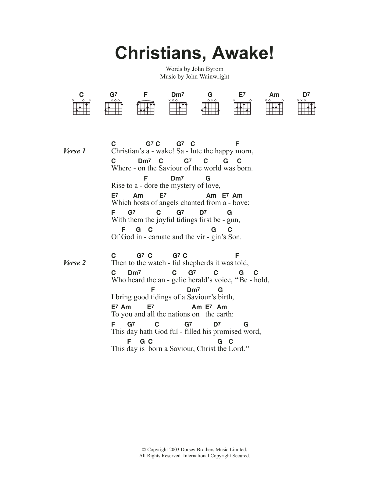 Traditional Carol Christians Awake Sheet Music Notes & Chords for Guitar Chords/Lyrics - Download or Print PDF