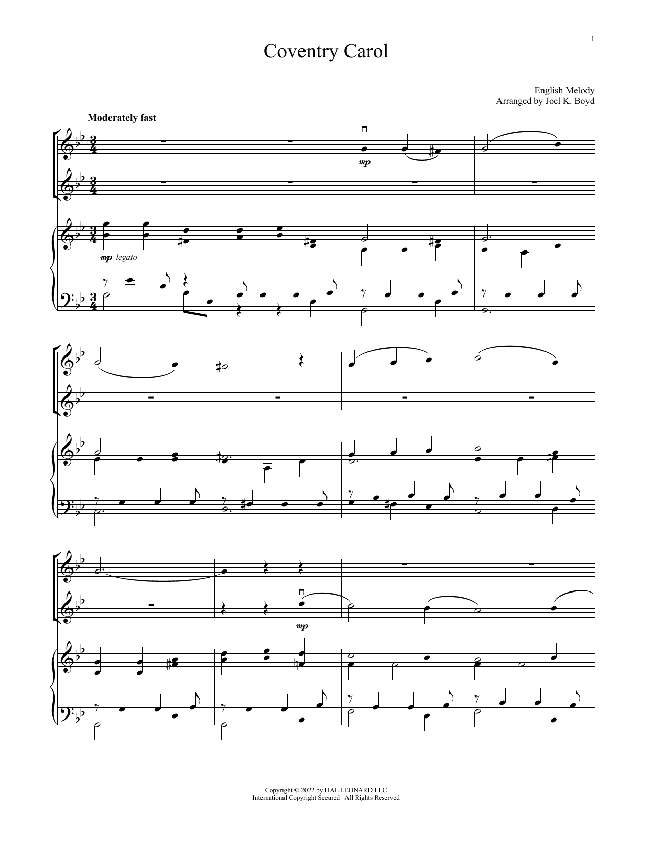 Traditional Carol Coventry Carol (for Violin Duet and Piano) Sheet Music Notes & Chords for Violin and Piano - Download or Print PDF