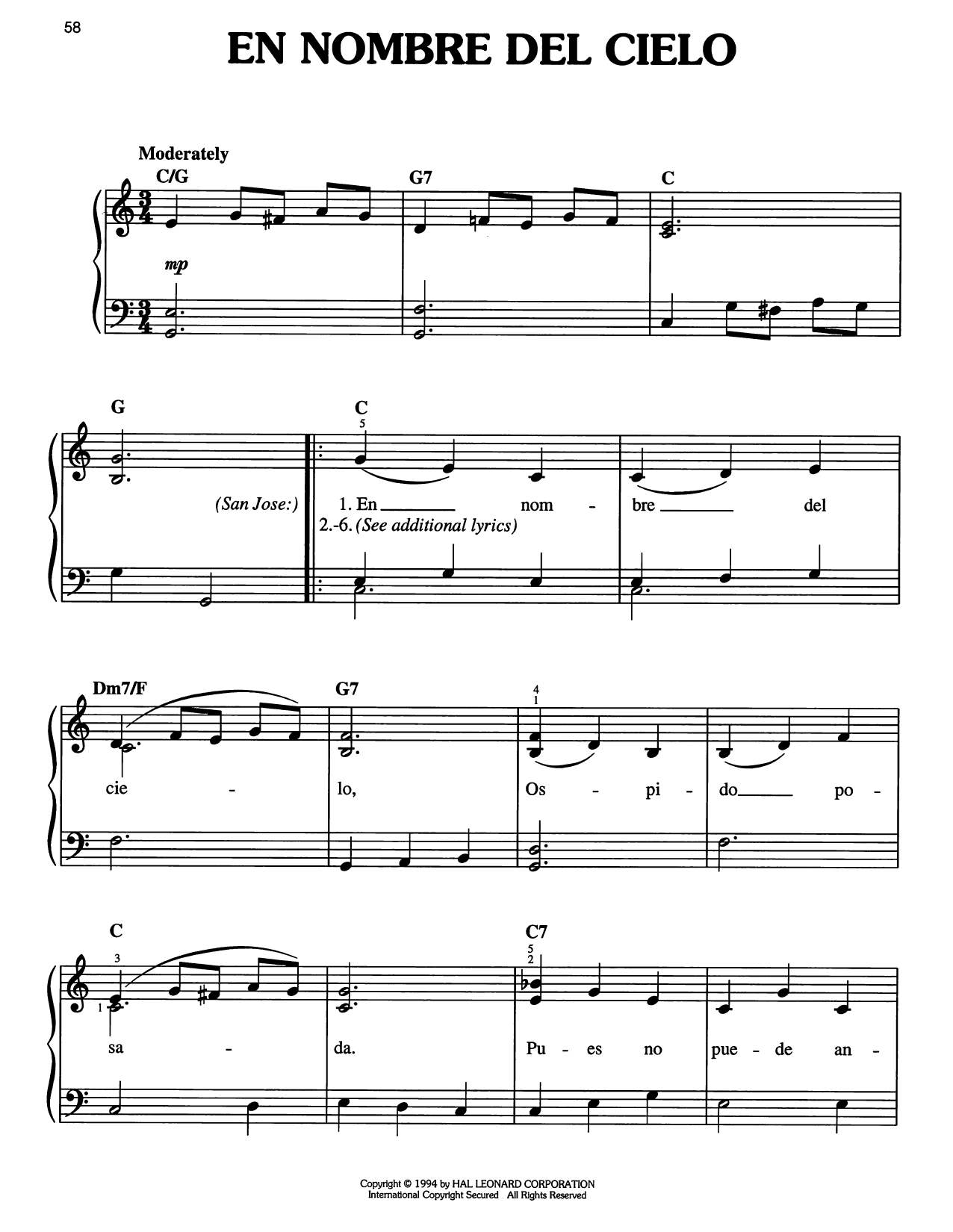 Traditional Carol En Nombre del Cielo Sheet Music Notes & Chords for Easy Piano - Download or Print PDF