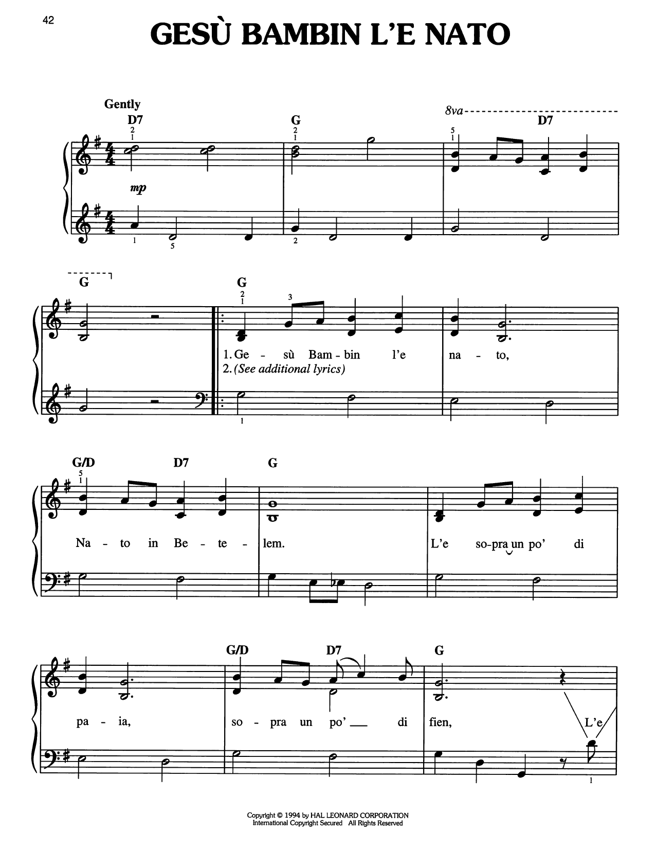 Traditional Carol Gesu Bambin L'e Nato Sheet Music Notes & Chords for Easy Piano - Download or Print PDF