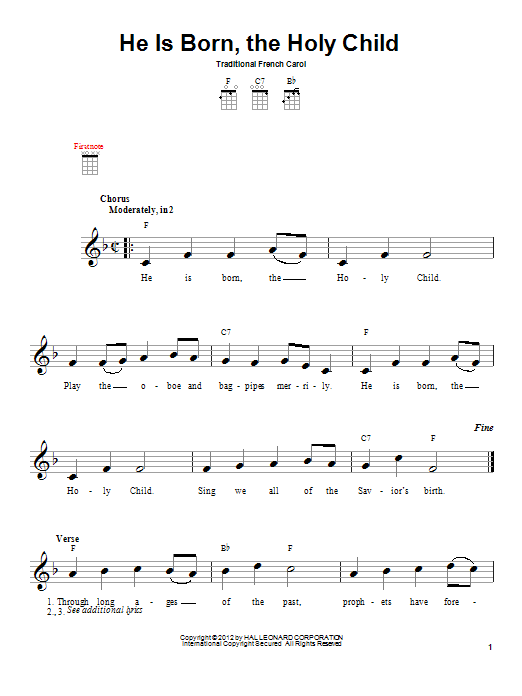 Traditional Carol He Is Born Sheet Music Notes & Chords for Ukulele - Download or Print PDF