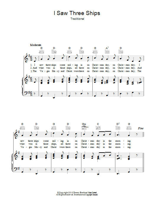 Traditional Carol I Saw Three Ships Sheet Music Notes & Chords for Lyrics & Piano Chords - Download or Print PDF