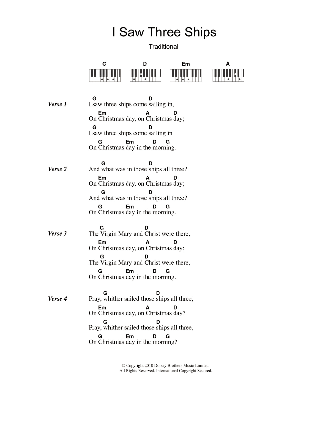 Traditional Carol I Saw Three Ships Sheet Music Notes & Chords for Piano Chords/Lyrics - Download or Print PDF