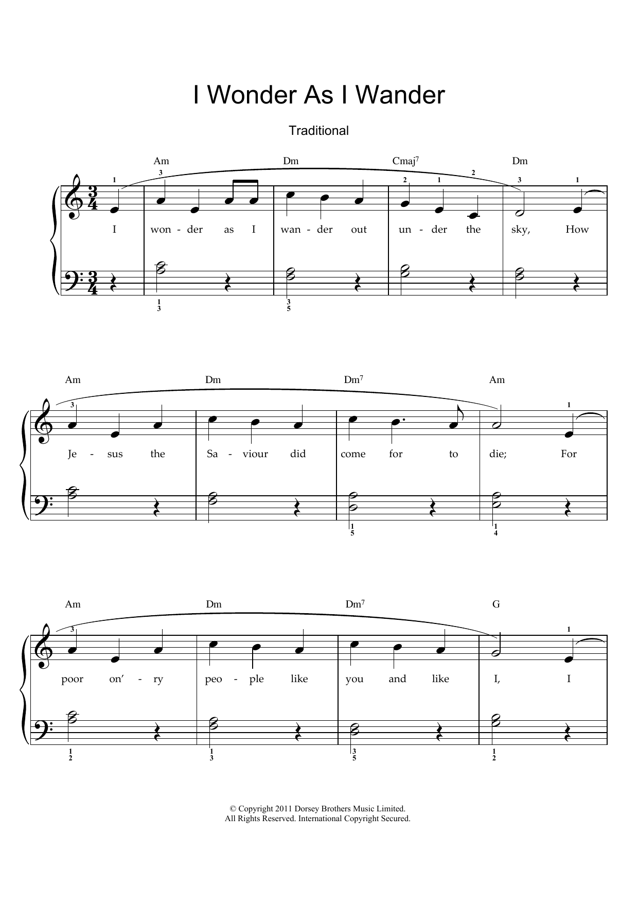 Traditional Carol I Wonder As I Wander Sheet Music Notes & Chords for Piano & Vocal - Download or Print PDF