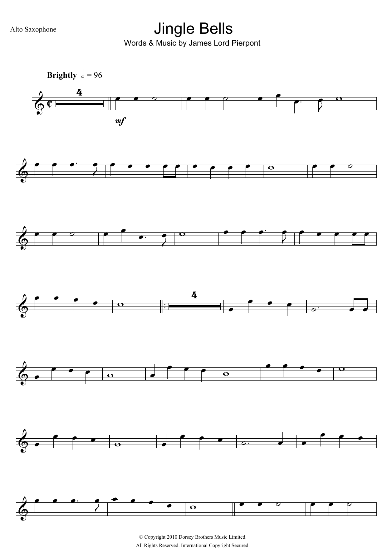 Traditional Carol Jingle Bells Sheet Music Notes & Chords for Alto Saxophone - Download or Print PDF
