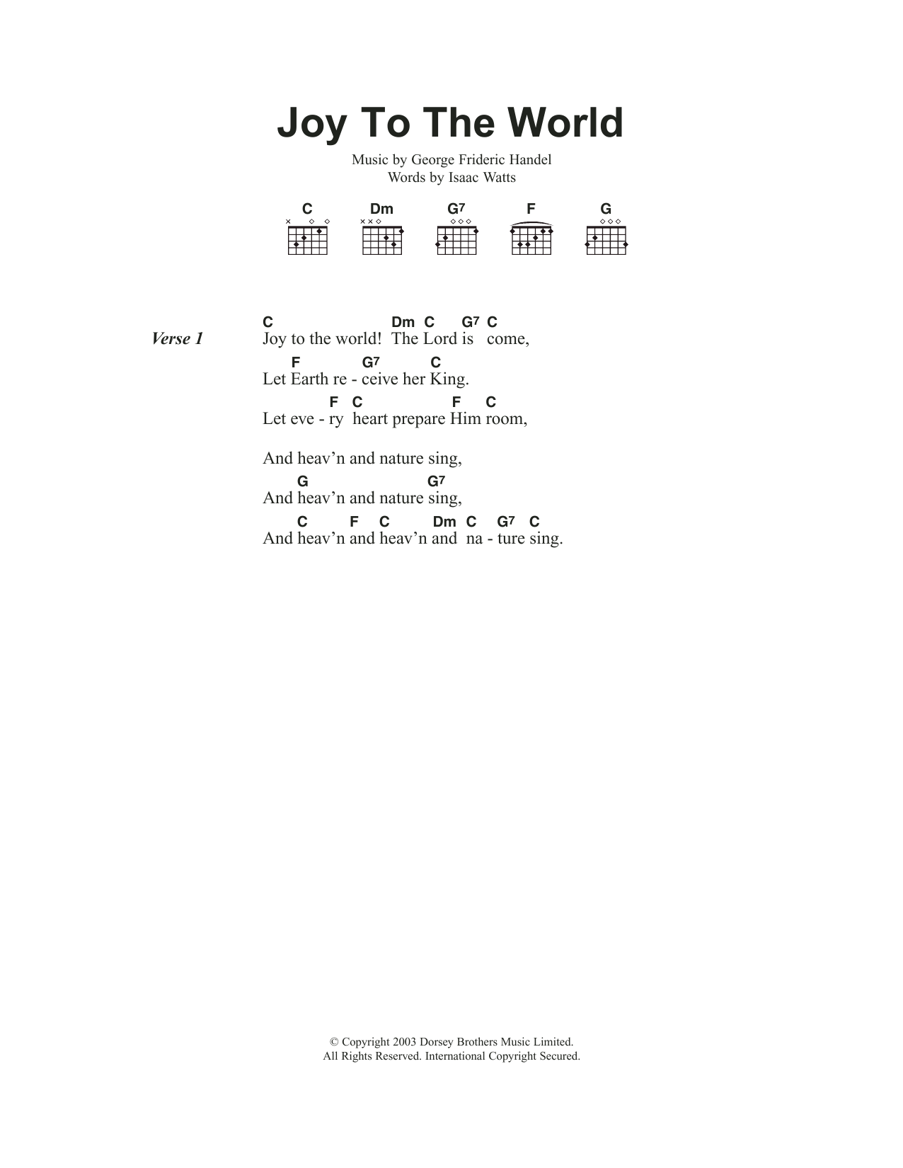 Christmas Carol Joy To The World Sheet Music Notes & Chords for Lyrics & Chords - Download or Print PDF