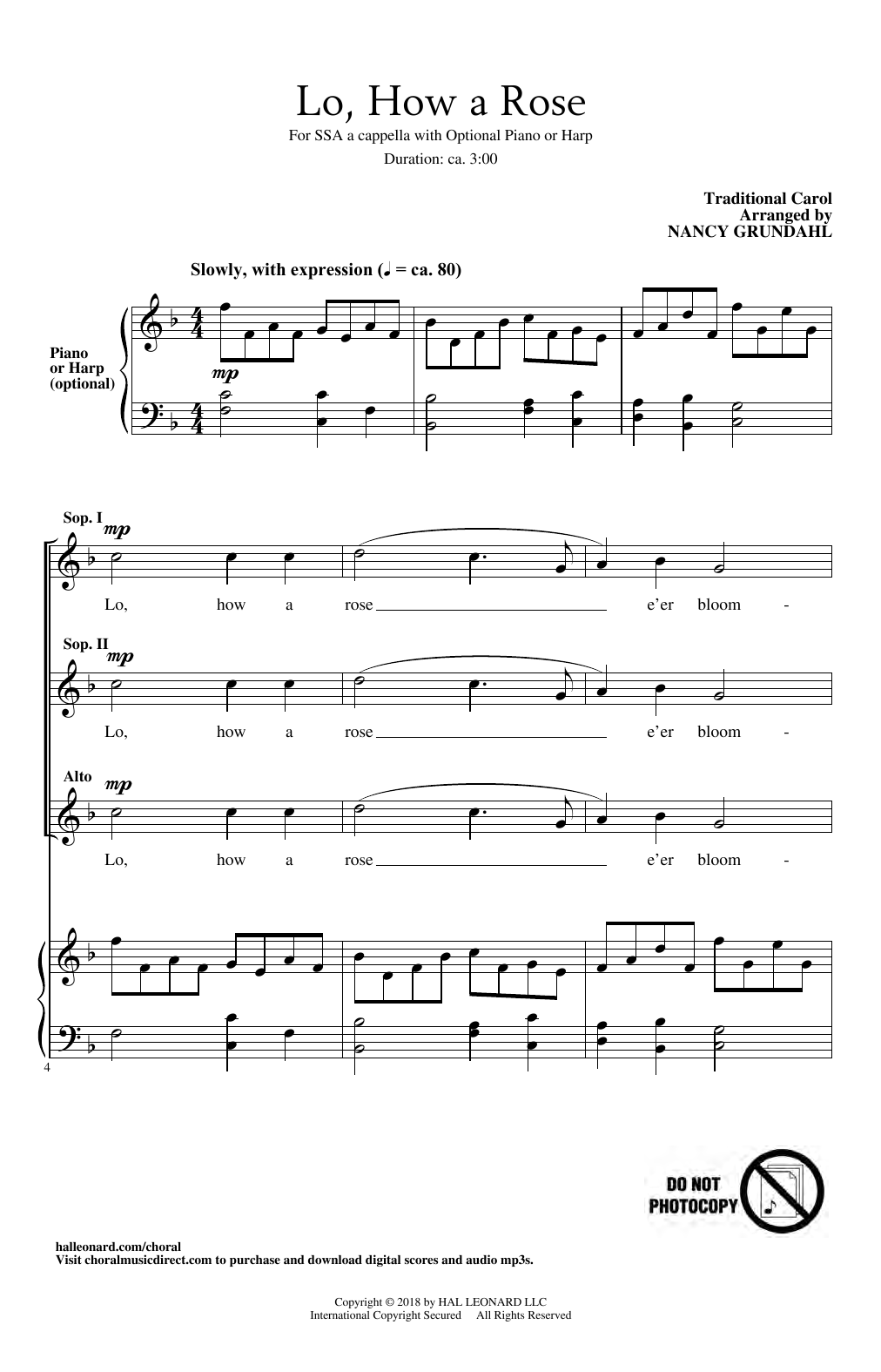 Traditional Carol Lo, How A Rose (arr. Nancy Grundahl) Sheet Music Notes & Chords for SSA Choir - Download or Print PDF