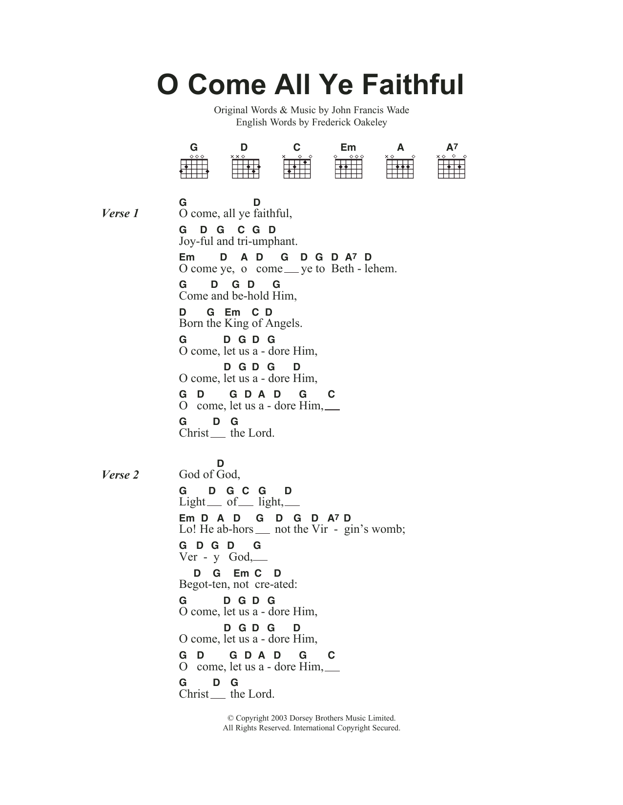 Christmas Carol O Come All Ye Faithful Sheet Music Notes & Chords for Lyrics & Chords - Download or Print PDF