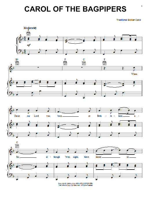 Traditional Carol Of The Bagpipers Sheet Music Notes & Chords for Piano, Vocal & Guitar (Right-Hand Melody) - Download or Print PDF