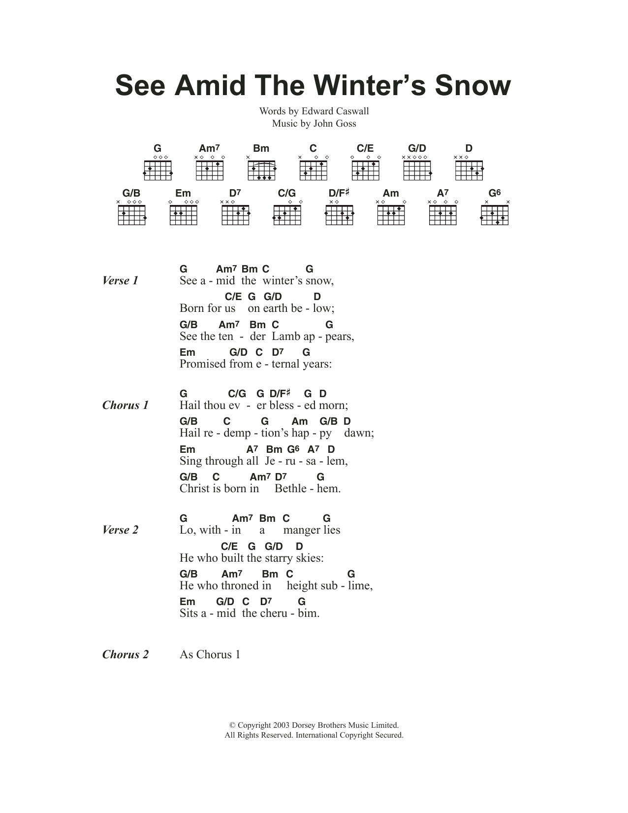 Traditional Carol See Amid The Winter's Snow Sheet Music Notes & Chords for Guitar Chords/Lyrics - Download or Print PDF