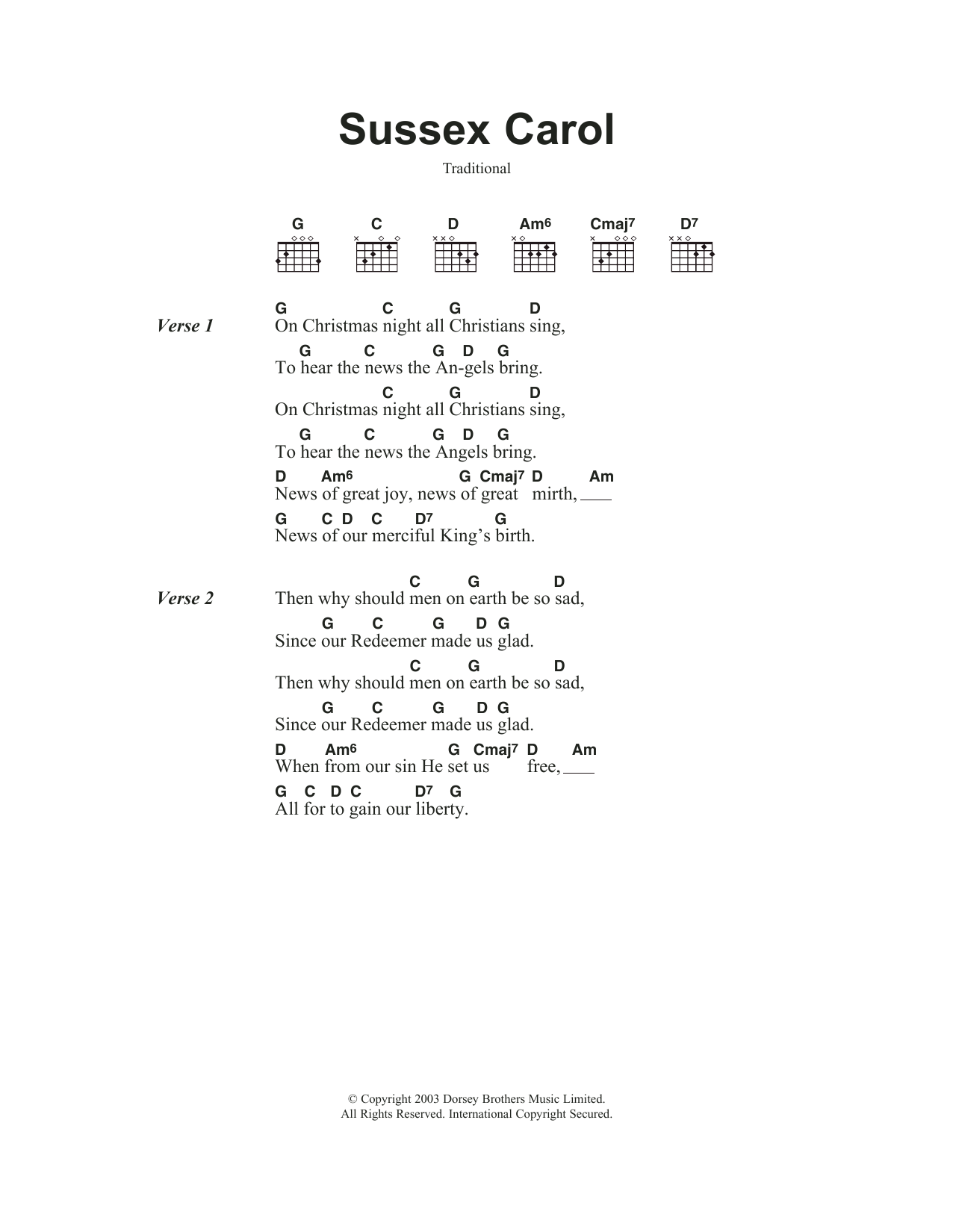 Traditional Carol Sussex Carol Sheet Music Notes & Chords for Guitar Chords/Lyrics - Download or Print PDF